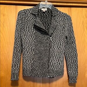 LOFT Knit Zip-Up Moto Sweater Jacket Black and White Size Medium